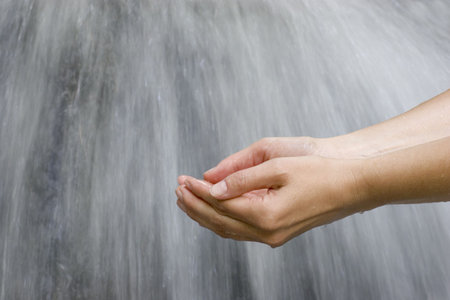 Female hands scooping clear water of a sourceの写真素材