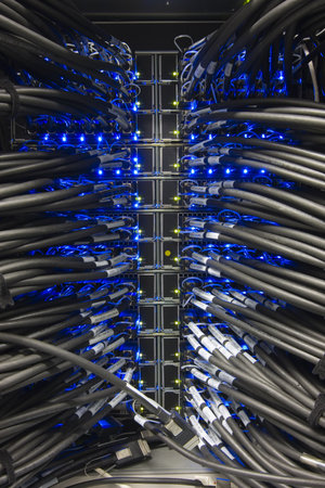 Detail of a server with cables an lights