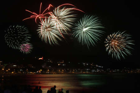 Fireworks celebrating new year on the beach of Bombinhas in Brazilの写真素材