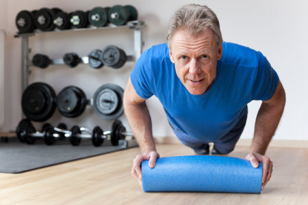 Mature man doing press-ups in a gym with barbells in the background