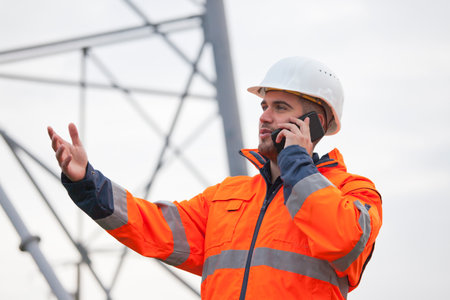Young engineer or foreman talking on smart phone on an oil platform or construction site - selective focusの写真素材