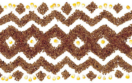 Geometric art zigzag tracery of asian thai staple vegan bio diet ration lunch. Pile of dark paddy...