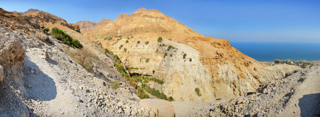 Middle East arabian panoramic scenic view with space for text on blue sky. Beautiful gorge Ein Gedi, in arid Judean desert near Masada and Qumran Caves. Place where biblical David hid from King Saulの写真素材