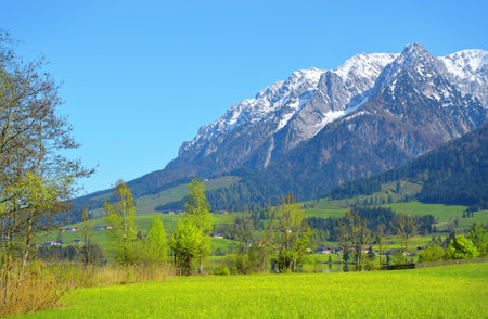 Beautiful great Alpen trip resort mountainside vista panorama. Tall white rocky crag at bright blue...