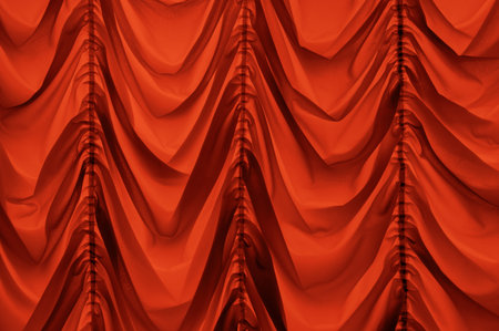 Trendy old fashioned repeating baroque soft satiny wrinkled blinds velum light grey color with vertical plications. Romantic ancient royalty silky veil sheet design in retro style. Close up view spaceの写真素材