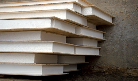 Glued solid pine slices wafer structure for warm building. Layers of smartply aspenite hard mdf slab. Detail closeup view with space for text on ground backdropの写真素材
