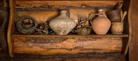 Grunge shabby storage cupboard in hut with corked jug, bowl with harvest of berries, leaves and dry herb bunch, scattered rusty iron nails, grind. Closeup view with space for text on brown bar wallの写真素材