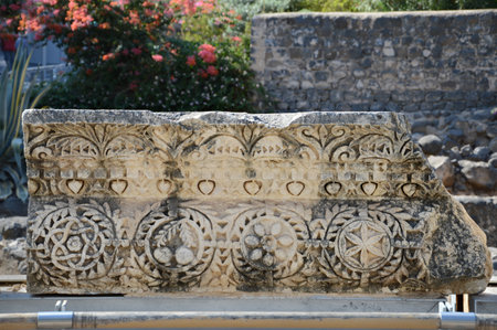 Kfar Nahum, Tiberias, Middle East, Asia. 2016. Archaic holy Genezareth land scene. National israeli Kinnereth landmark. Scenic view with space for text on green park backdropの写真素材