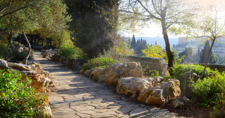 Old sacred capital of Judea. Archaic downtown gethsemane panoramic view with space for text on blue sky . Famous jew holy land worship place of judaic King Davidの写真素材