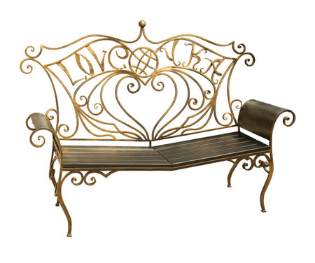 Forged iron park bench with ornate pattern in the shape of a heart and an inscription about love isolated on white backgroundの写真素材
