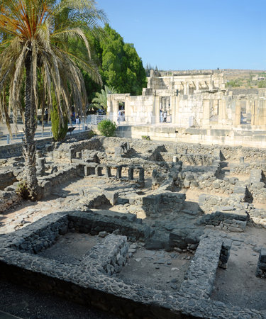 Kfar Nahum, Tiberias, Middle East, Asia. 2016. Archaic holy Peter place scene. Genezareth land. National israeli Kinnereth landmark. Scenic view with space for text on blue sky backgroundの写真素材