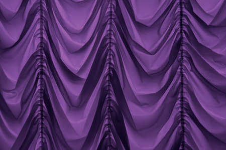 Trendy old fashioned repeating baroque soft satiny wrinkled blinds velum light grey color with vertical plications. Romantic ancient royalty silky veil sheet design in retro style. Close up view spaceの写真素材