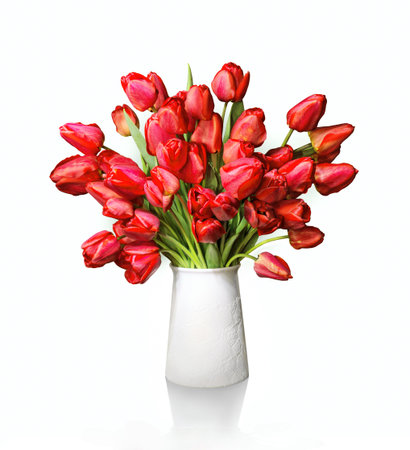 Lush bunch of cheerful elegant vivid red tulips in flowerpot isolated on white backdrop with clipping path. View close-up with copy space for text
の写真素材