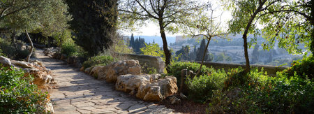 Yerushalayim, Middle East, May 2017. Old sacred capital of Judea. Archaic downtown gethsemane panoramic view with space for text on blue sky .の写真素材