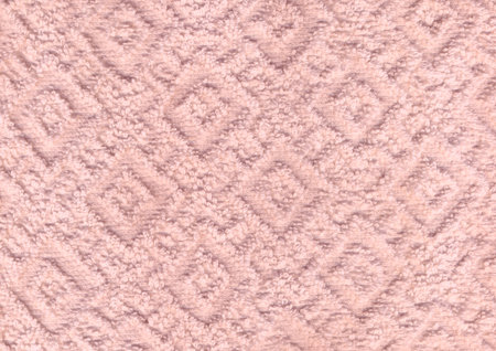 Dry new luxury light ivory creme plain color wrinkled grainy woolen body spa towel with volume square rhombus fur even fond design. Close-up macro top detail rug view with space for textの写真素材