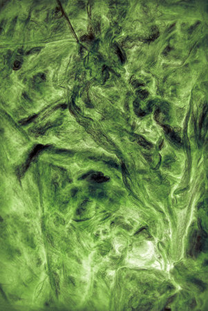 Modern artificial synthetic deep irish lime color wrinkled relief. Wavy rough crumpled whirl wrapping structure. Close up top detail macro view with space for text on grungy fondの写真素材