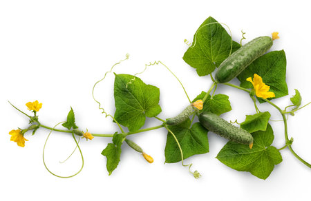 Cucumber  widely cultivated plant in gourd family Cucurbitaceae. Vine with fruits varying degrees of maturity, fading yellow flowers, lush foliage, curled tendrils. Closeup isolated on white backdropの写真素材