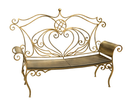 Forged iron park bench with ornate pattern in shape of heart isolated on white background with clipping path の写真素材