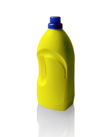 Big lube pack tin tare commodity with clipping path. Convenient jerry with detersive fluid for home care glass cleaning, house dust wash. Closeup view with space for text on labelの写真素材