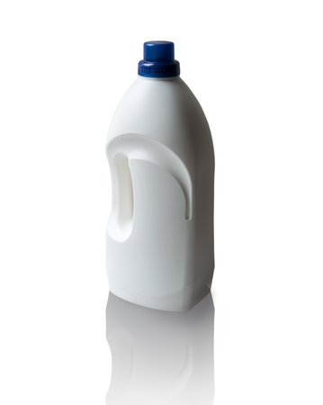 Big handy lube pack tin reservoir tare commodity. Convenient jerry with detersive soft fluid for home care glass cleaning, house dust wash with clipping path. Closeup view with space for text on labelの写真素材