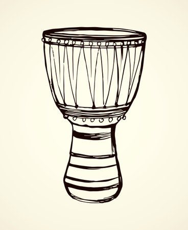 Latin tribe ritual culture skin craft goa tabor. Tom tam on white backdrop. Freehand line black ink hand drawn tamtam logo emblem design in artistic retro cartoon doodle engraving style pen on paperのイラスト素材