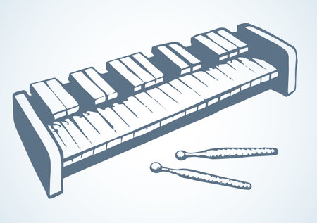 Closeup line view folk retro band hit key idiophone piano. Outline black ink hand drawn old baby kid tone balafon object logo pictogram emblem design sketch in vintage doodle styleのイラスト素材