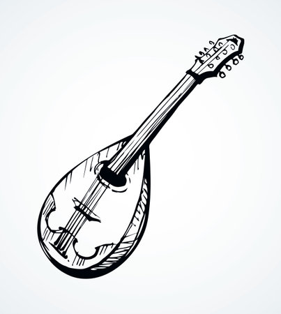 Closeup view of big old pluck strum chord ukulele mandola. Freehand outline black ink pen hand drawn abstract kobza tune logo pictogram emblem design.のイラスト素材