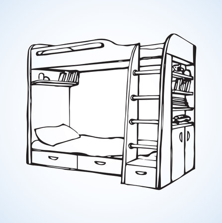 Cozy top trendy empty 2 flat wood bedstead on white backdrop. Freehand line black ink hand drawn icon sketchy in art retro scribble contour graphic style pen on paper. Closeup view with space for textのイラスト素材