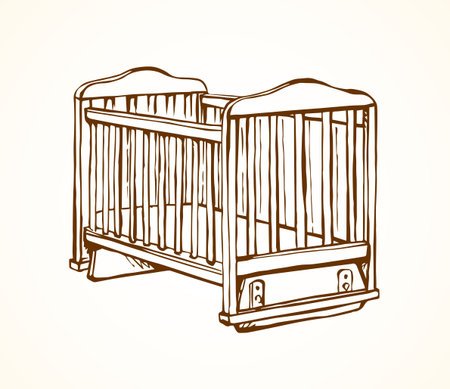 Cute rail carrycot nap design on white room wall backdrop. Outline black ink hand drawn safety swing dream object   pictogram sketch in antique art doodle engrave style pen on paper space for textのイラスト素材