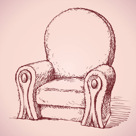 Luxurious elite old-fashioned soft chair with a high back and armrests decorated. ector monochrome freehand ink drawn backdrop sketch in art antique scrawl style pen on paper with space for textのイラスト素材