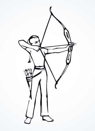 Athletic power shooter lady figure stand with longbow on white backdrop. Freehand line black ink drawn dart point bowwoman logo emblem sketchy in art retro doodle style pen on paper and space for textのイラスト素材