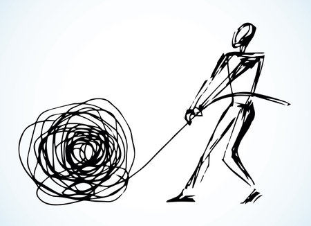 Male manager hold solve difficulty hard doubt decision skill job. Paper text space view. Outline black ink pen drawn flat fix woman play analogy big finance object. Retro art doodle style logo designのイラスト素材