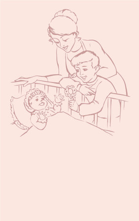 Veatorny picture. Loving mother and the boy talk and smile at the baby in the cribのイラスト素材