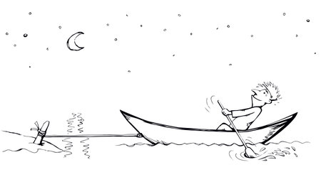 Strength male figure struggle push oar kayak isolated on river background. Hand drawn incorrect goal infinite labor sea travel symbol sketch in art retro doodle comic style with space for text on skyのイラスト素材