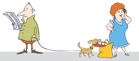 Vector caricature. Funny scene in the street: read a man does not notice how his dog stealing sausages from a woman in conversationのイラスト素材
