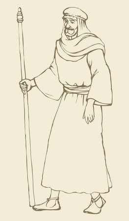 Adult bearded wanderer go to worship with old stick in antiquity middle east judaic biblical attire: shemagh, robe, thobe. Vector contour ink drawn sketch in art retro style pen on paperのイラスト素材