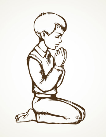 Young small saint holy spirit plead sad body. Light paper text space. Line black drawn devote thank bless lord trust sacred forgive logo pictogram design in retro art bible style. Closeup profile viewのイラスト素材