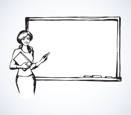 Lady with flip and book explain instruction in office on white billboard backdrop. Outline ink hand drawn picture sketch in art doodle modern style pen on paper. Front closeup view with space for textのイラスト素材