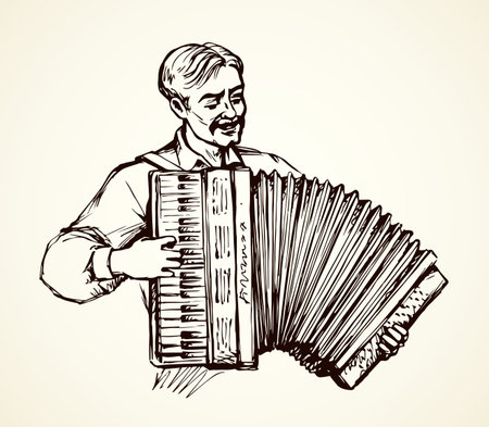 Adult fun talent smile guy skill bellow harmonic key chord on white. Line black ink pen drawn happy human folklore event show logo icon. Ethnic russian tune sign symbol in antique doodle cartoon styleのイラスト素材