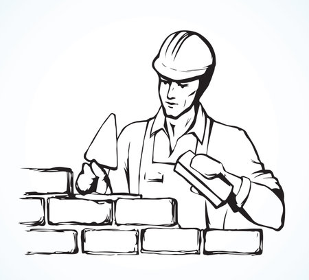 Repairman handyman guy hard build up new layer level on white sky background. Line black ink drawn craftsman stonemason skill diy labor icon sign sketch in retro art cartoon style on space for textのイラスト素材