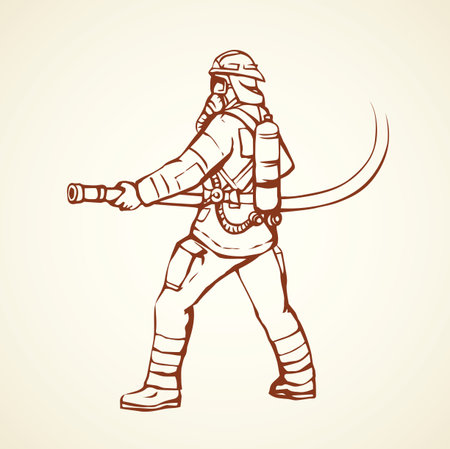 911 save lifeguard worker hold pipe on white backdrop. Freehand line black ink hand drawn fireproof wear, outfit hat emblem logo sketchy in retro art doodle cartoon style pen on paper space for textのイラスト素材