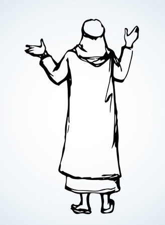 Bedouin welcome guy turban hat. Black drawn old bible human faith sign icon symbol. Retro biblic jewish history cartoon happy preacher. Asia kandura thobe robe tunic rear behind arm up jew winner viewのイラスト素材