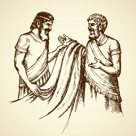 Noble bearded chaldean in middle east sumer semitic Aramean biblical attire: historic linen hebrew tunic with fringes pattern. Ink hand drawn sketch in old engraving style isolated on white backgroundのイラスト素材