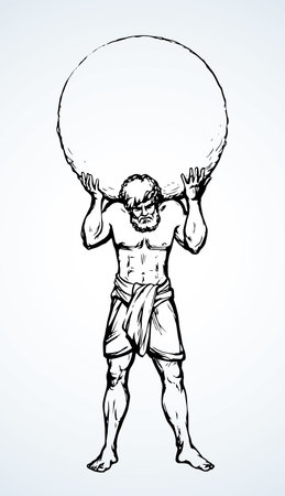 Guy worker giant god torso carry up stone ball weight on white sky text space. Line black ink hand drawn retro myth hero problem logo pictogram emblem. Old outline Greece vintage doodle sketch legendのイラスト素材