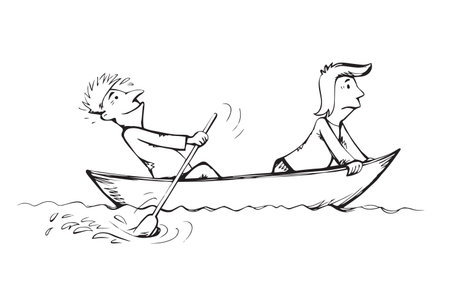 2 candid guy figure trip in old small wooden ski skiff isolated on white lake background. Freehand line black ink drawn picture logo sketchy in art retro doodle comic style pen on paper space for textのイラスト素材