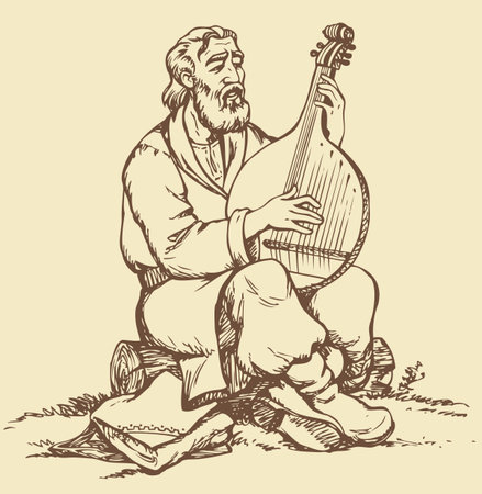 Vector monochrome image handmade style drawing pen on paper. Old Ukrainian musician with a beard in national dress sitting on a log and pluck the strings of banduraのイラスト素材
