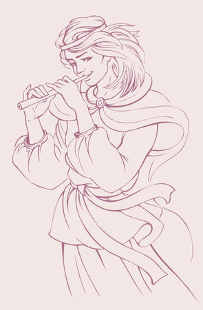 Vector monochrome illustration. The girl playing the fluteのイラスト素材