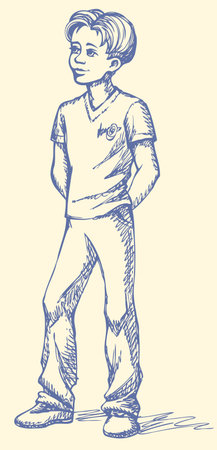 Vector sketch of a boy standing with his hands behind his backのイラスト素材