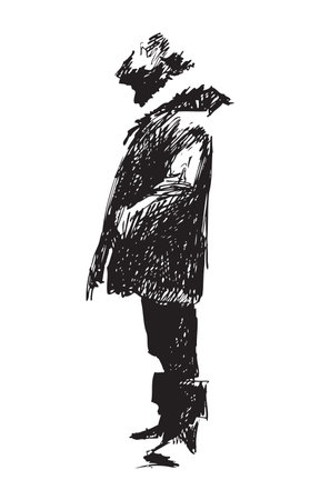 Stylish tall young guy shape on light snowy cover road backdrop. Freehand outline dark ink hand drawn people logo emblem design sketchy in modern art scribble cartoon style pen on paper space for textのイラスト素材