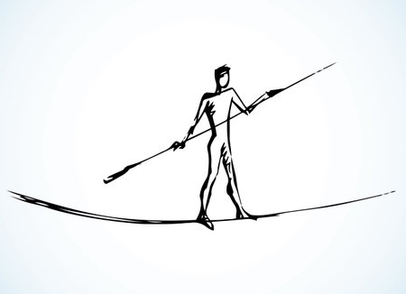 Brave risky guy figure safety skill cross old string pole path. Paper text space view. Outline black ink pen hand drawn difficult fear height show venture hazard logo. Retro artist doodle style designのイラスト素材